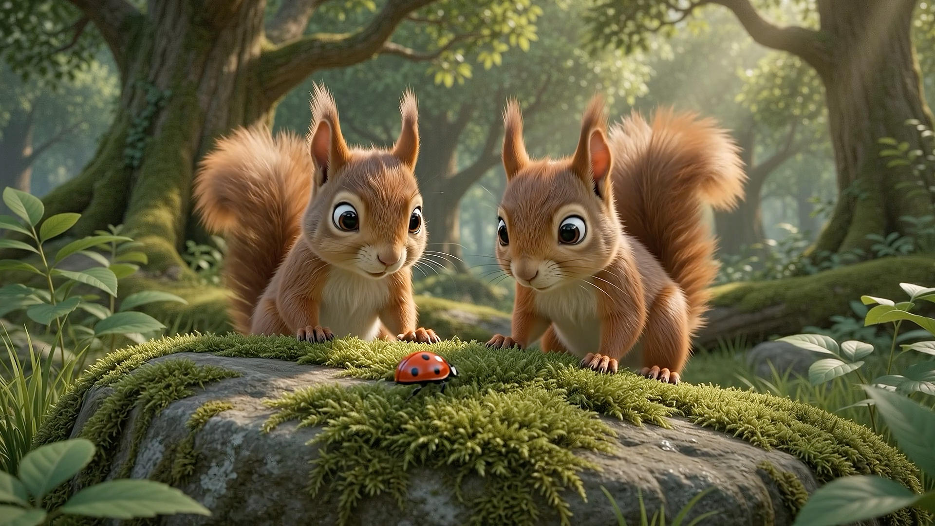 Two woodland squirrels examining a ladybug on a mossy rock